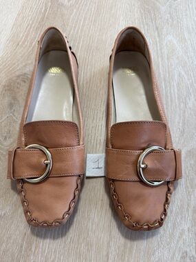 Frances Valentine Tan Leather Loafers with Gold Buckle